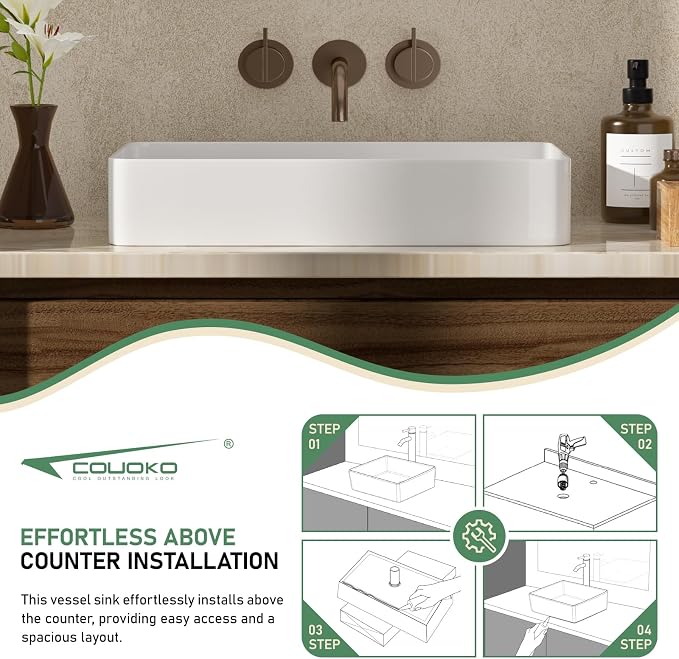 24 Inch White Rectangle Vessel Bathroom Sink | Ceramic, Above Counter, Rectangular Shape, Easy to Clean, Recommended Installation, Ideal for Bathroom, Lavatory, Vanity