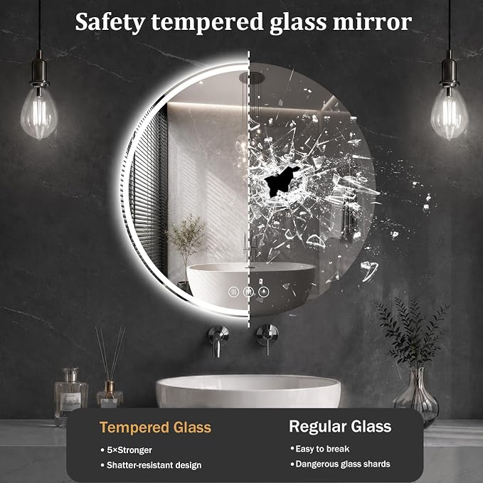 Round LED Bathroom Mirror, 20 Inch, HD Shatterproof Tempered Glass | Lighted Bathroom Mirror with Dimmable Lights Bathroom Mirror with Lights for Wall, 3 Color Temperatures