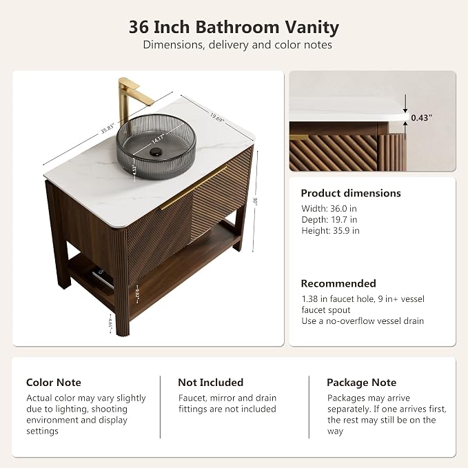 Yayzy 36 Inch Bathroom Vanity with Sink, Freestanding Dark Walnut Bathroom Cabinet, Smoky Gray Glass Vessel Sink, Carrara White Sintered Stone Countertop, Soft Close Doors, Open Storage Shelf