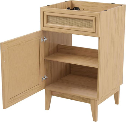 JONATHAN Y Javer Bohemian Rattan Freestanding Bath Vanity, 20", Oak | 18" Deep, 33" High, Single Soft-Close Door, Caned Paneling, 2-Shelf Storage, Basin Not Included, Modern Farmhouse Style