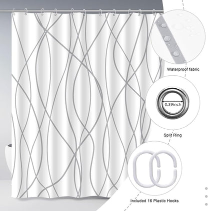 Striped Shower Curtain for Bathroom, Grey White, 96" W x 72" L | with Hooks, Modern Hotel Style, Water Repellent, Washable, Weighted Hem