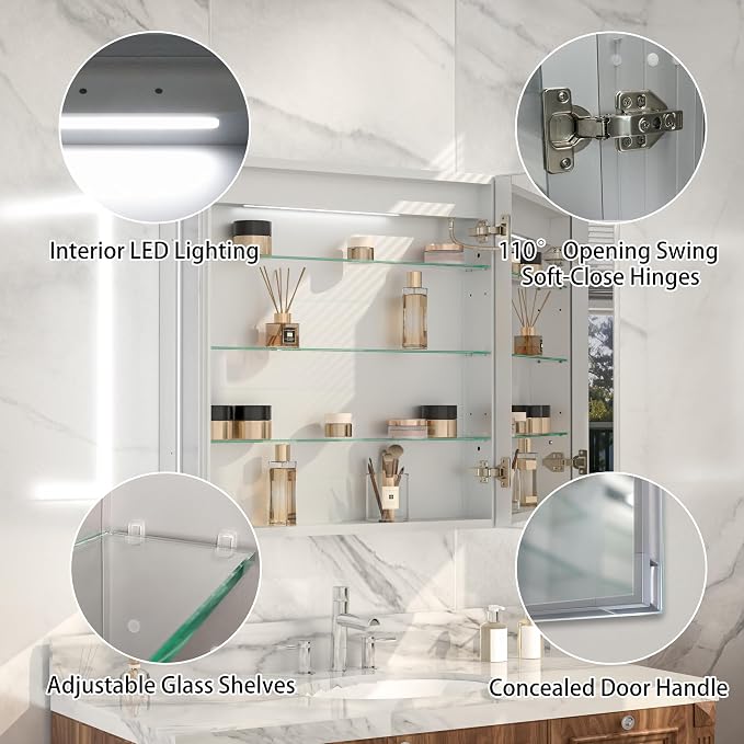 LED Bathroom Medicine Cabinet with Mirror, 30"x30" Anti-Fog Smart Mirror Cabinet, UPVC Waterproof Vanity Cabinet Recessed/Surface, Adjustable Shelves, 3-Color Dimmable, Motion Sensor, DTC Hinges