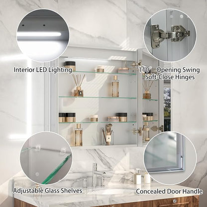 LED Bathroom Medicine Cabinet with Mirror, 30"x30" Anti-Fog Smart Mirror Cabinet, UPVC Waterproof Vanity Cabinet Recessed/Surface, Adjustable Shelves, 3-Color Dimmable, Motion Sensor, DTC Hinges