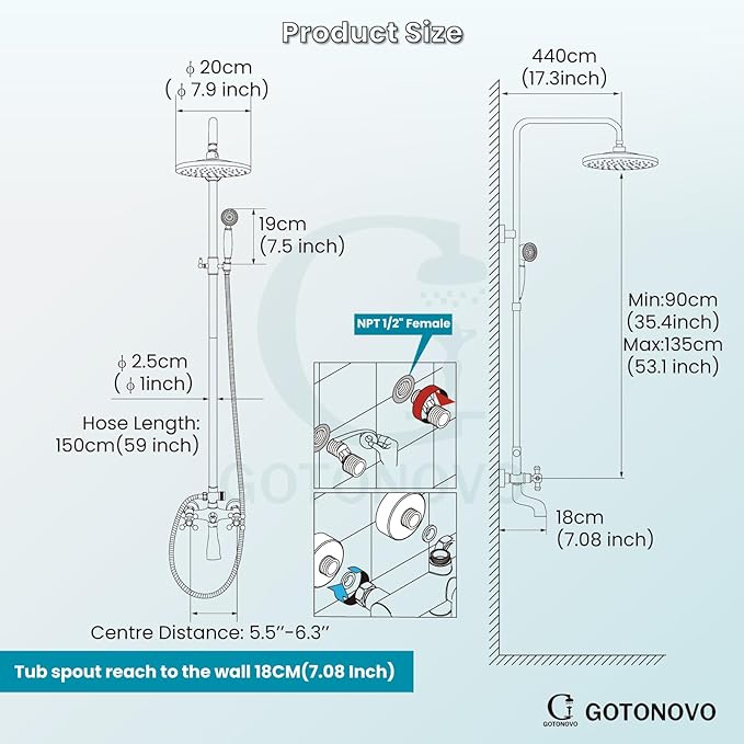 gotonovo Exposed Shower Faucet Set 8 Inch Rainfall Showerhead 3-Function Shower Fixture with Tub Spout 2 Corss Handles Shower System, Brushed Nickel