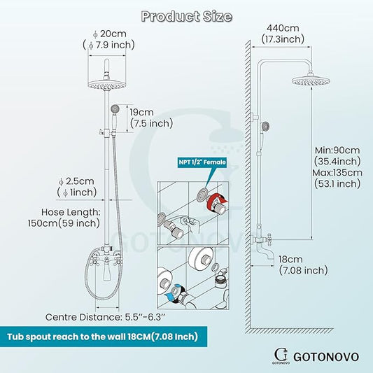 gotonovo Exposed Shower Faucet Set 8 Inch Rainfall Showerhead 3-Function Shower Fixture with Tub Spout 2 Corss Handles Shower System, Polish Gold