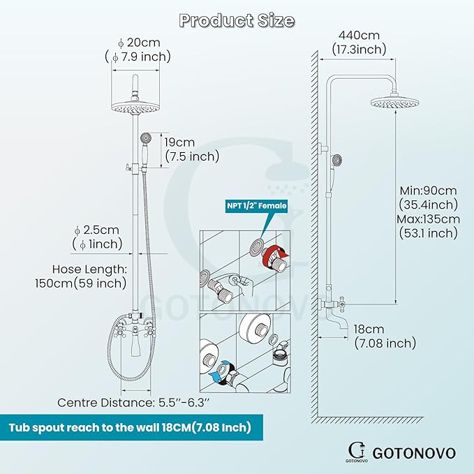 gotonovo Exposed Shower Faucet Set 8 Inch Rainfall Showerhead 3-Function Shower Fixture with Tub Spout 2 Corss Handles Shower System, Polish Chrome