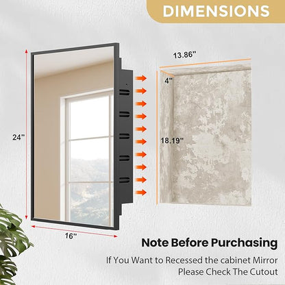 Recessed Medicine Cabinet with Mirror 16x24 inch, Mirrored Medicine Cabinets for Bathroom, Black Bathroom Mirror with Storage, Metal Medicine Cabinet with Mirror, 2 Adjustable Metal Shelves