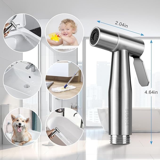 Handheld Toilet Bidet Sprayer 2 Pack, Water Pressure Adjustable Sprayer with Hose and 7/8 "T-valve, Jet Spray and Soft Spray, for Toilet, Bidet, Shower etc., Stainless Steel, Silver