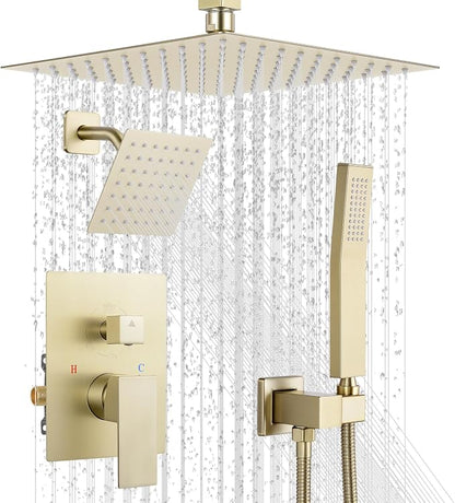 Rain Shower Faucet Set, 10" Top + 6" Side Head, Brushed Gold | 3-head set w/ valve, SUS304 anti-freeze, 6 spray modes, self-clean nozzles