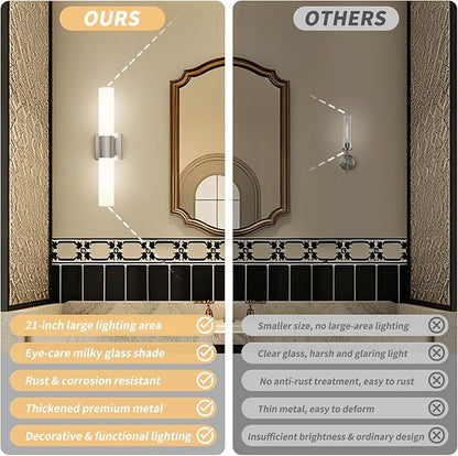 Modern 21" Bathroom Vanity Wall Sconce, Frosted Glass, Silver | Indoor Lighting Fixture, For Living Room, Stairs & Bedroom, Mounting Hardware Included, Easy To Install, Sturdy Metal Build.