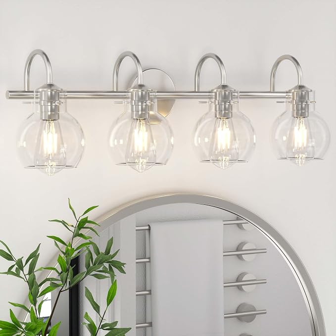 4 Lights Bathroom Vanity Light Fixtures Over Mirror Modern Nickel | 24in Wall Sconce,Brushed Nickel,Globe Glass Shade,E26 Base,UL Certified,Anti-Rust,Damp Rated,Bathroom Bedroom Living Room