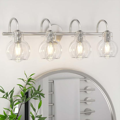 4 Lights Bathroom Vanity Light Fixtures Over Mirror Modern Nickel | 24in Wall Sconce,Brushed Nickel,Globe Glass Shade,E26 Base,UL Certified,Anti-Rust,Damp Rated,Bathroom Bedroom Living Room
