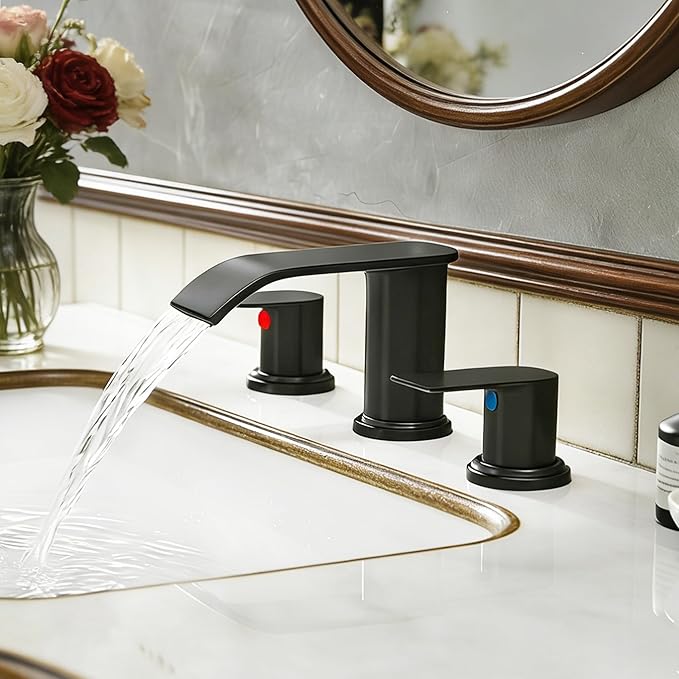 Waterfall Bathroom Faucet 3 Holes, 8 Inch Widespread Faucet 2 Handle Lead-Free Black, Bathroom Faucet with Water Supply Lines Pop Up Drain, Bathroom Basin Lavatory Mixer Tap with Deck Mount Plate