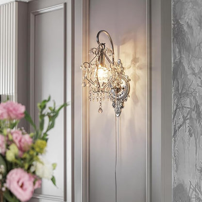 Silver Crystal Vintage Indoor Plug in Cord Wall Sconces Light Set of 2 | Modern Wall Mounted Lamp Light Fixture for Bedroom Living Room Bathroom Vanity Light Hallway Light Fixture Decor LED E12