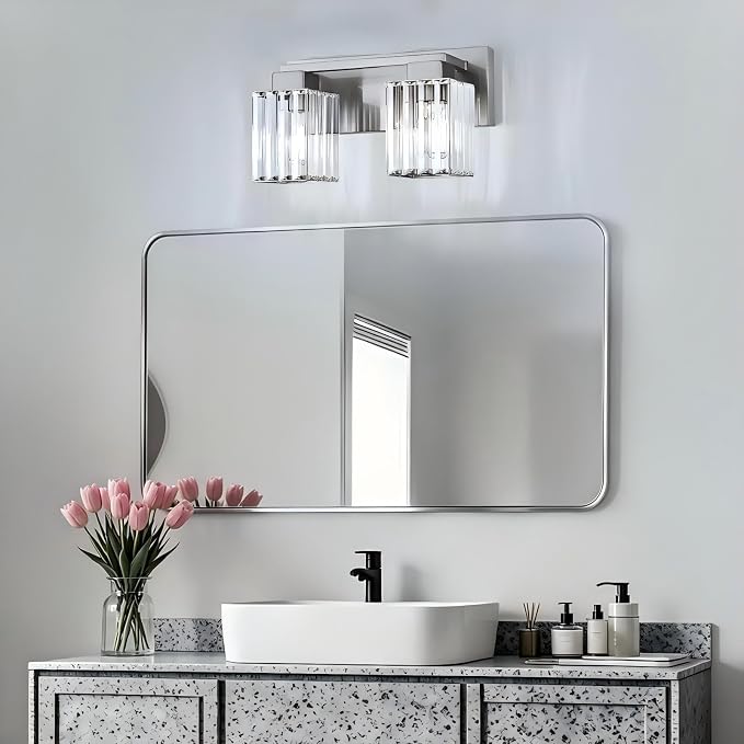 Brushed Nickel Bathroom Light Fixtures, 2-Light Vanity Light Over Mirror | Wall Sconces with Square Crystal Shades, E26 Socket, Modern Vanity Lights for Bathroom (Bulbs Not Included)