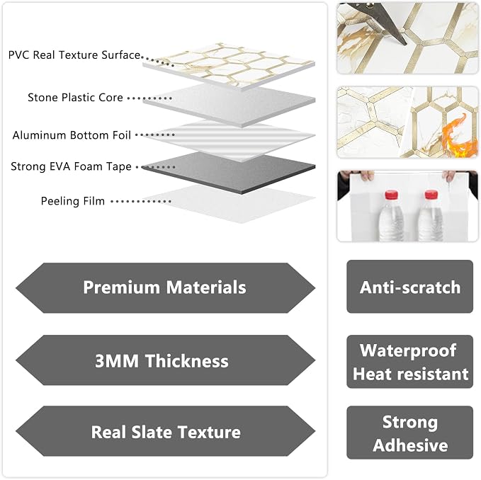 Vamos Tile Long Hexagon Peel and Stick Tile Backsplash - 10 Sheets Stick on Backsplash for Kitchen and Bathroom Calacatta Gold Mixed Metal Light Gold PVC Self Adhesive Mosaic Wall Tiles(Seamless)