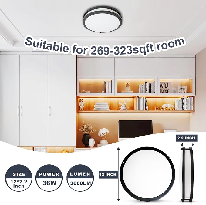 12inch LED Flush Mount Ceiling Light Fixture Dimmable Matte Black, Easy Install LED Ceiling Lamp Fixture Without Flicker, Super Bright 36W 3600LM 5CCT Warm to White Light 3000K to 6000K 2-Pack