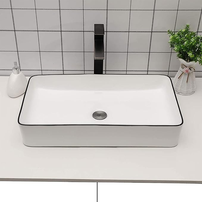 Sarlai Bathroom Sink Rectangular 24"x14" White Vessel Sink with Black Rim Ceramic Porcelain Rectangle Bathroom Vessel Sink Above Counter Vanity Sink Basin