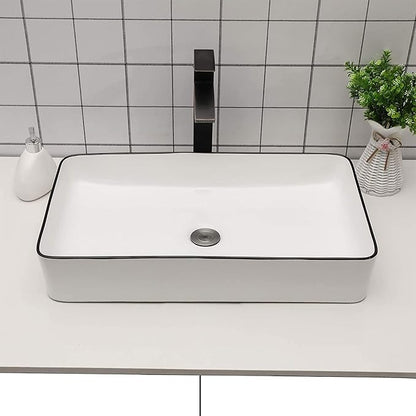 Sarlai Bathroom Sink Rectangular 24"x14" White Vessel Sink with Black Rim Ceramic Porcelain Rectangle Bathroom Vessel Sink Above Counter Vanity Sink Basin