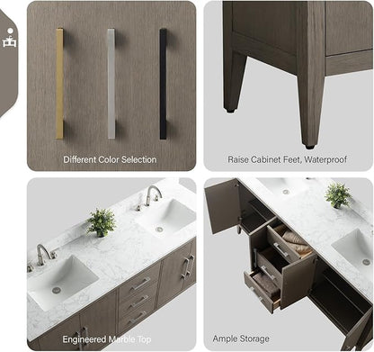 Vanity Art 72 inch Bathroom Vanity with Double Sink & Ceramic Top, Vanity Cabinet with Soft-Closing Doors, Drawers, Solid Wood Frame, Driftwood Gray, Brushed Nickle Handware