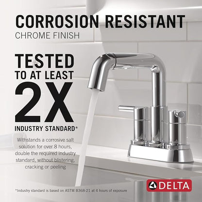 Delta Nicoli Centerset Chrome Bathroom Faucet with Sprayer, 4 Inch 3 Hole Bathroom Sink Faucet with Pull Out Sprayer, Push-Pop Drain, Chrome 25849LF-PD
