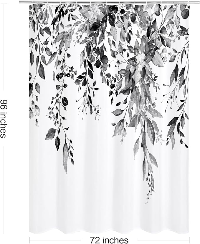 Black Eucalyptus Shower Curtain, Watercolor Floral Print, 72x96 | Watercolor Plant Leaves Floral Print, Extra Long Waterproof Fabric Bathroom Decor, Machine Washable, Rustproof Grommets