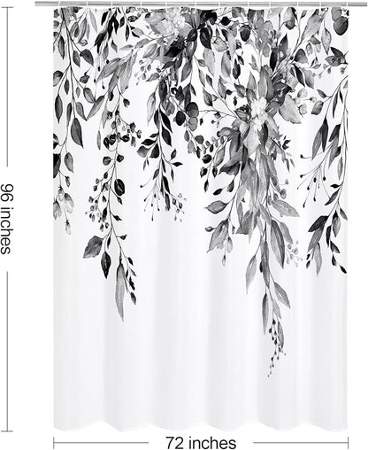 Black Eucalyptus Shower Curtain, Watercolor Floral Print, 72x96 | Watercolor Plant Leaves Floral Print, Extra Long Waterproof Fabric Bathroom Decor, Machine Washable, Rustproof Grommets