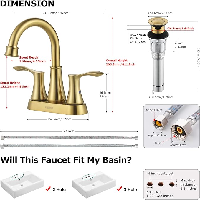 PARLOS Swivel Spout 2-Handle Bathroom Faucet Brushed Gold with Pop-up Drain & Supply Lines, Demeter 1362708