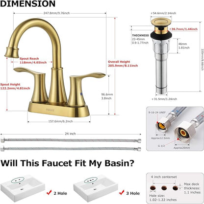 PARLOS Swivel Spout 2-Handle Bathroom Faucet Brushed Gold with Pop-up Drain & Supply Lines, Demeter 1362708
