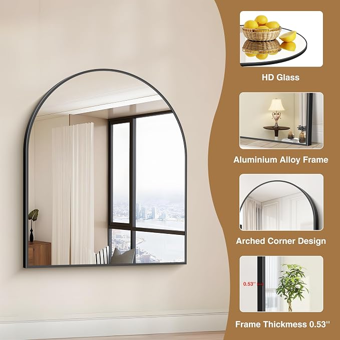 COFENY Black Arch Mirror, 30’’x36’’ Black Mirror for Bathroom, Wide Arched Bathroom Mirror with Metal Frame, Wall Mounted Mirror for Bedroom Living Room Entryway Modern