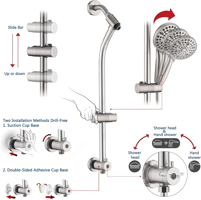 Rainfall Shower Head with Handheld Shower Spray, with 26" Drill Free Adjustable Height Slider Bar, High Pressure Dual Shower Head Combo, 3-Way Diverter for Easy Reach, 5Ft Hose-Brushed Nickel