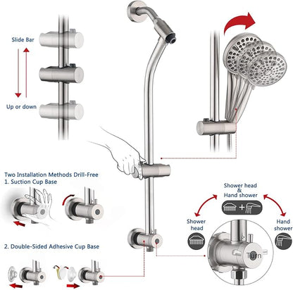 Rainfall Shower Head with Handheld Shower Spray, with 26" Drill Free Adjustable Height Slider Bar, High Pressure Dual Shower Head Combo, 3-Way Diverter for Easy Reach, 5Ft Hose-Brushed Nickel