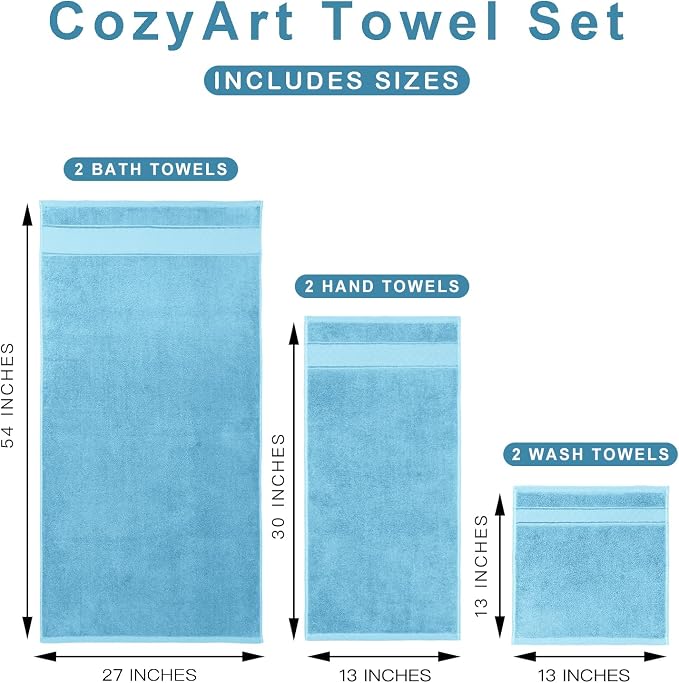 COZYART Bath Towel Set 6 PCS, Sky Blue 100% Turkish Cotton 650GSM Soft | Absorbent Quick Dry, OEKO‑Tex 100 Cert. Zero Twist Ring Spun Cotton, Plush Fluffy, Breathable Hotel Quality Bathroom Towels