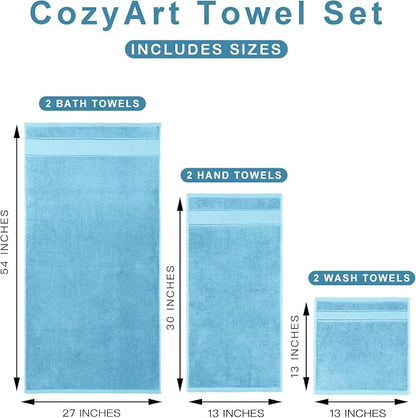 COZYART Bath Towel Set 6 PCS, Sky Blue 100% Turkish Cotton 650GSM Soft | Absorbent Quick Dry, OEKO‑Tex 100 Cert. Zero Twist Ring Spun Cotton, Plush Fluffy, Breathable Hotel Quality Bathroom Towels