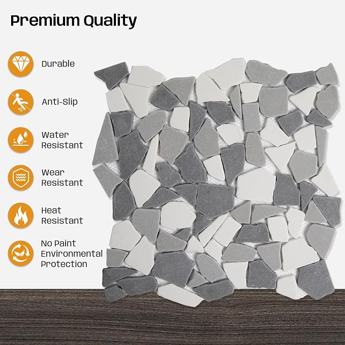 Grey Pebble Mosaic Tile, 12"x12" Backsplash Tiles, 5 SqFt | Slip-resistant Sliced Pebble for Bathroom, Kitchen, Shower Floors, Walls & Outdoor Areas, Mesh-Backed Easy to Install