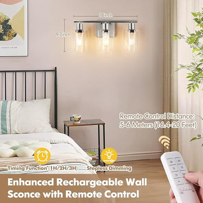 Battery Operated Wall Sconce, 3-Light Dimmable Rechargeable Vanity Light Fixture with Remote & Bulbs, 3-Light Silver Wireless Indoor Non-Hardwired Wall Lamp for Bedroom, Living Room, Cabinet, Porch