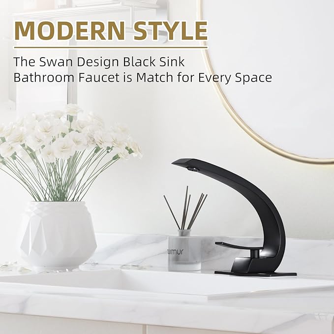 Matte Black Bathroom Sink Vanity Elegance Swan Faucet for 1 Hole with 6-Inch 3 Hole Deckplate,Rikaziya Bathroom Fixtures Faucets Pop Up Overflow Drain with 9/16" Supply Hose and to 1/2" Adapter Combo