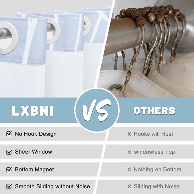 LXBNI No Hook Shower Curtain with Snap-in Liner, Waterproof & Washable Polyester Fabric, Abstract Line Pattern, Hotel Style Modern Shower Curtains for Bathroom, 71x80 Inches,Ombre Blue