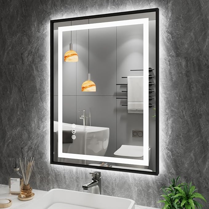 24"X32" LED Bathroom Mirror with Black Frame, Front Lit and Backlit | Metal Framed Mirror, Stepless Dimmable, HD Reflection, Anti-Fog, Shatter-Proof, Memory, 3 Colors Lighting, UL Listed.