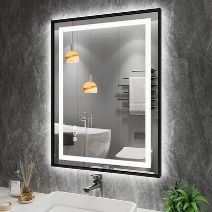 24"X32" LED Bathroom Mirror with Black Frame, Front Lit and Backlit | Metal Framed Mirror, Stepless Dimmable, HD Reflection, Anti-Fog, Shatter-Proof, Memory, 3 Colors Lighting, UL Listed.