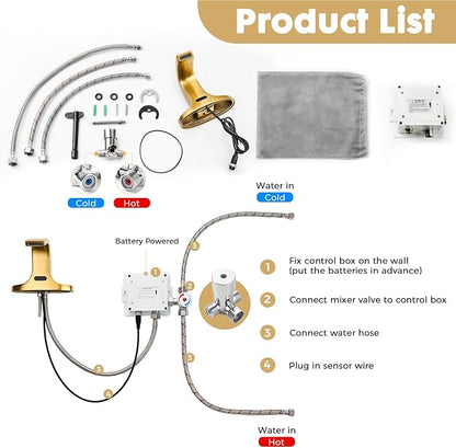 Touchless Bathroom Sink Faucet, Automatic Sensor Faucet for 3 Hole, Waterfall Spout, Brass, Gold Finish