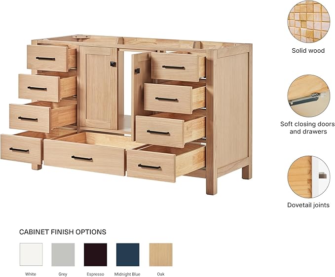 ARIEL Cambridge 54-inch Bathroom Vanity Base Cabinet,Solid Wood, 2 Soft Closing Doors, 9 Dovetail Drawers, White Oak