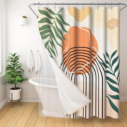 3 in 1 Shower Curtain Set, Boho Mid Century Modern, Orange | 72x72 Inches Polyester Bath Curtain with Magnetic PEVA Liner and 12 Double Sided Stainless Steel Hooks