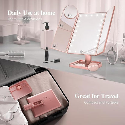 HUONUL 2X/3X/10X Magnifying Vanity Mirror with Light, Trifold Makeup Mirror | Touch Dimming, Dual Power, Clear View for Makeup, Skincare. Dorm Room Essentials. Birthday Gifts for Women, Mom, Wife, Girls