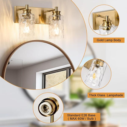 2 Light Bathroom Vanity Light Modern Brushed Gold Bathroom Light Fixtures Over Mirror with Hammered Glass Lampshade for Kitchen Hallway