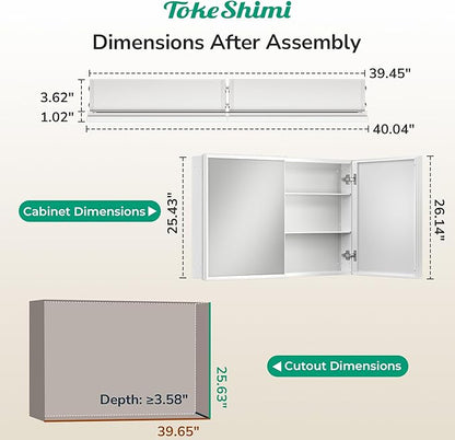 TokeShimi 40 x 26 White Recessed Medicine Cabinet with Mirror, Assembly Required, Bathroom Medicine Cabinet with Mirror, Stepless Adjustable Shelves, Beveled Aluminum Frame, DTC Hinge