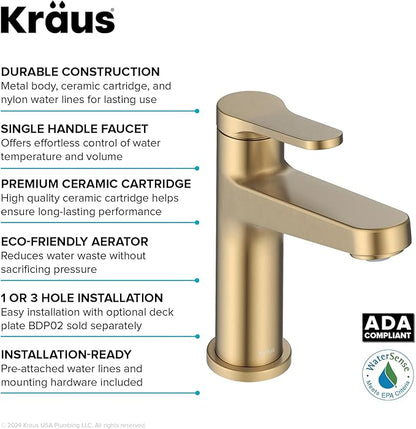 KRAUS Indy Bathroom Faucet in Spot-Free Brushed Brass with Single Handle, Pop Up Drain and Supply Lines, KBF-1411SFBB