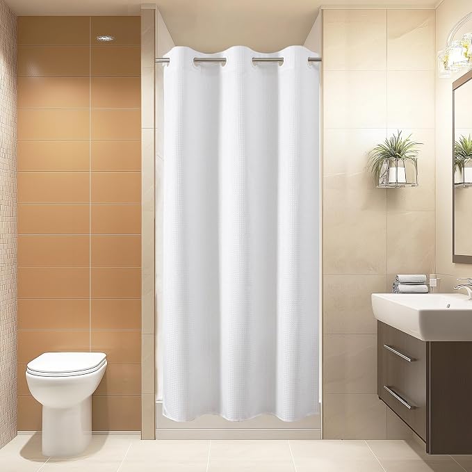 eachope No Hook Waffle Shower Curtain, No Liner Needed, 36x74 Inch, White | 100% waterproof TPU-laminated backing, magnetic weighted hem, machine washable, for bathroom, hotel, or shower stall use