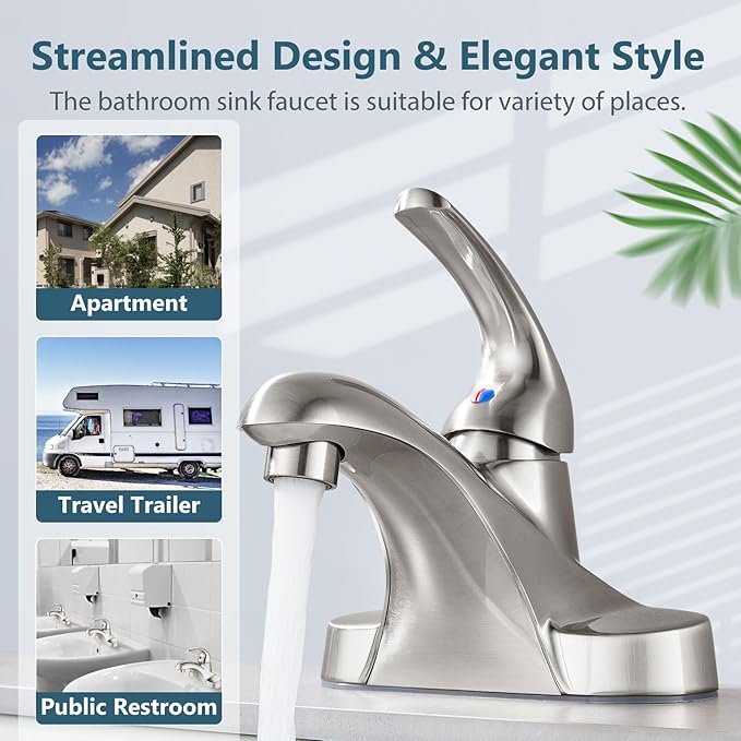 Aolemi Bathroom Faucets Arc 4 Inch Centerset Bathroom Sink Faucet Single Handle Vanity Faucet with Supply Lines,with Pop Up Drain Assembly,Brushed Nickel