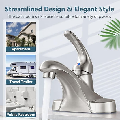 Aolemi Bathroom Faucets Arc 4 Inch Centerset Bathroom Sink Faucet Single Handle Vanity Faucet with Supply Lines,with Pop Up Drain Assembly,Brushed Nickel